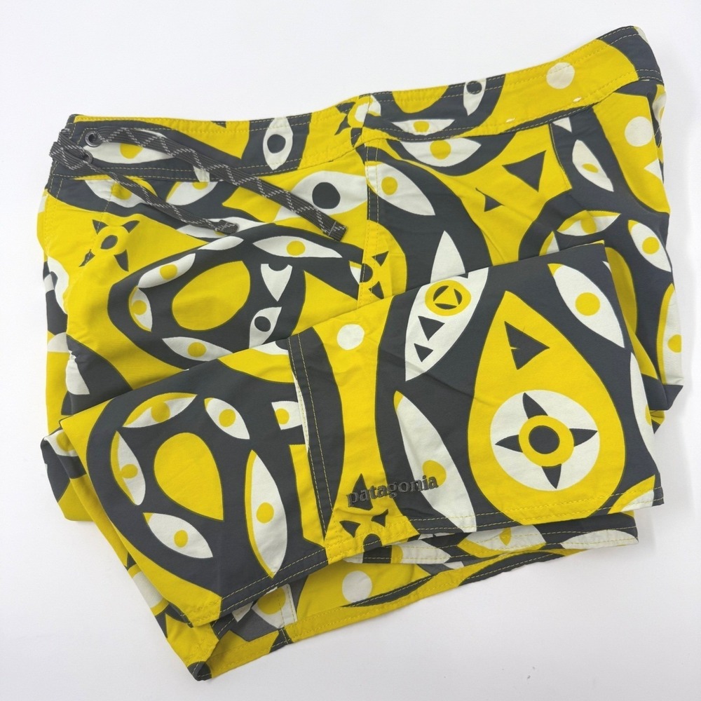 Patagonia Mens‎ 32 Board Shorts Yellow Abstract Eye Print Swim Trunks 8.5 Inseam